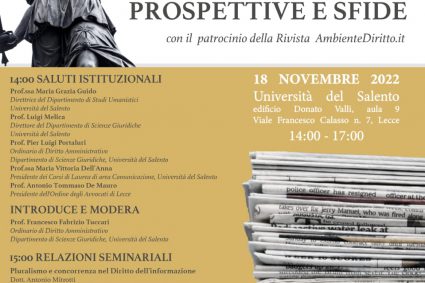 GIORNALISMO E DIRITTO DELL’INFORMAZIONE: PROSPETTIVE E SFIDE. Convegno Università del Salento, Lecce.